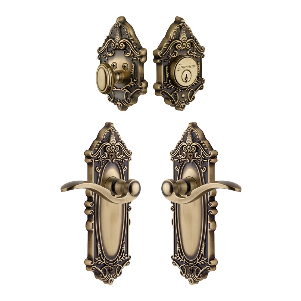 Grandeur by Nostalgic Warehouse Single Cylinder Combo Pack Keyed Differently - Grande Victorian Plate with Bellagio Lever and Matching Deadbolt in Vintage Brass